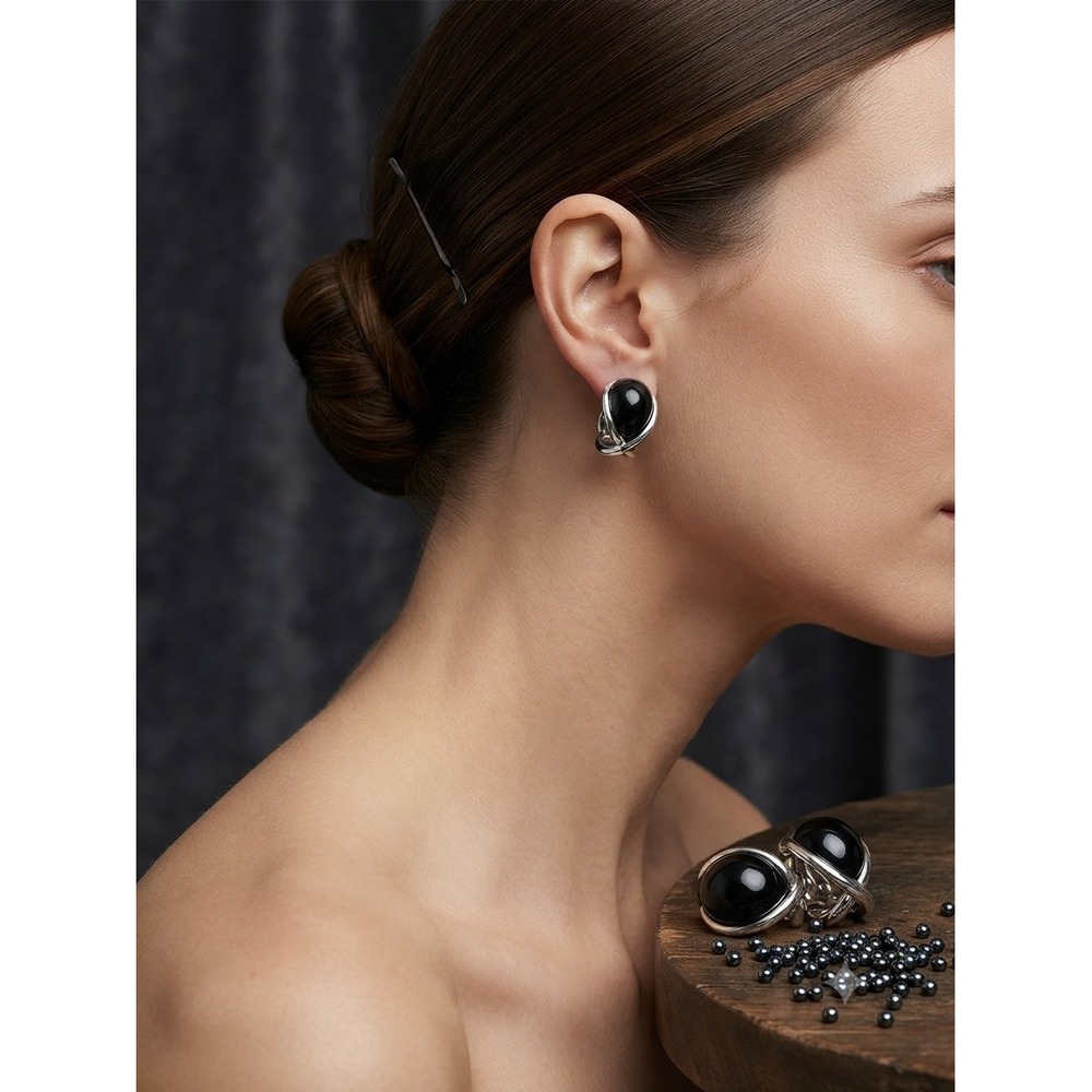 Monet Vintage Silver Tone Black Cabochon Crossover Clip On‎ Hoop Earrings